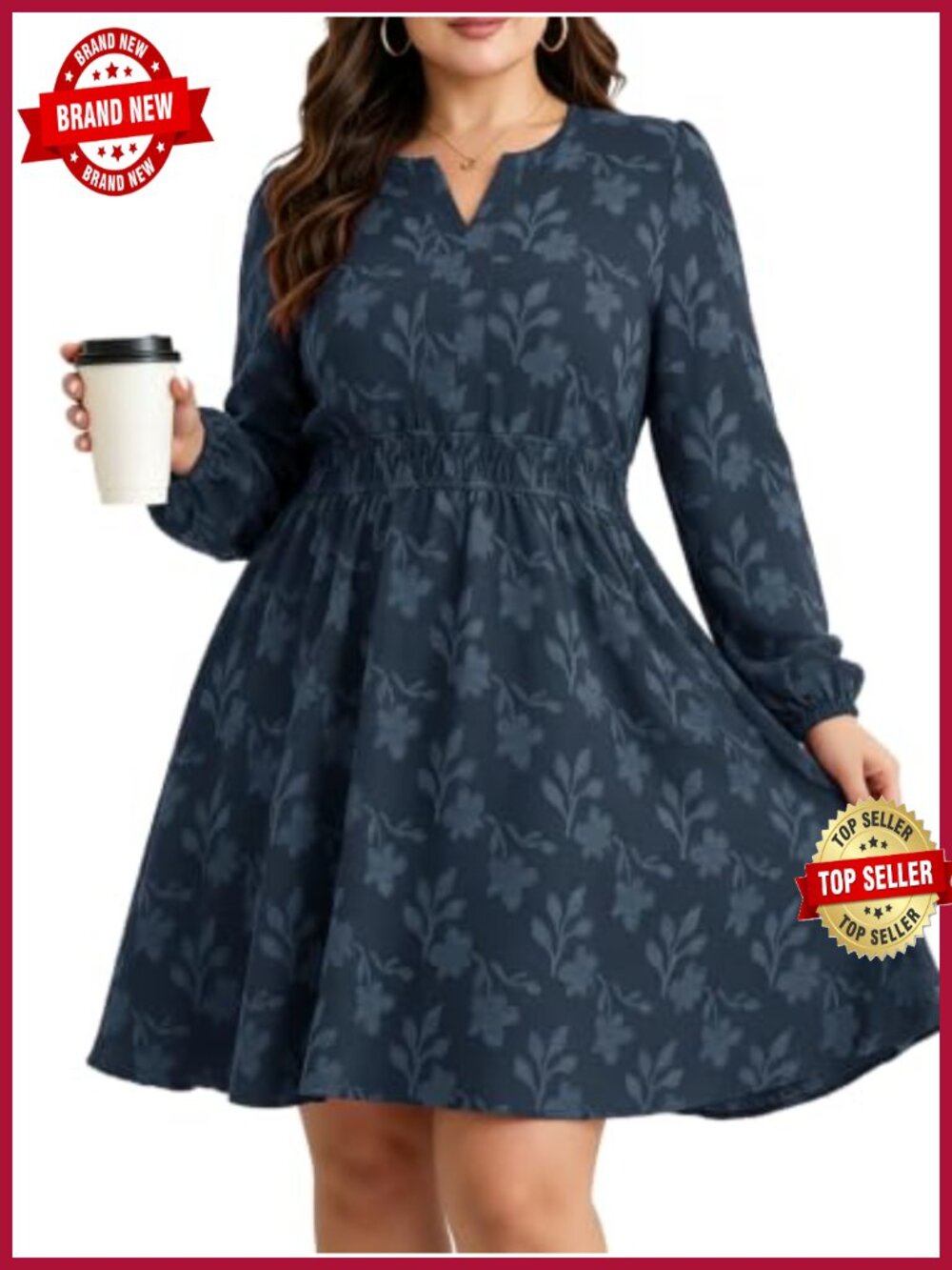 Plus Size Floral Mini Dress Long Sleeve V-Neck Wedding Guest Fall Dress